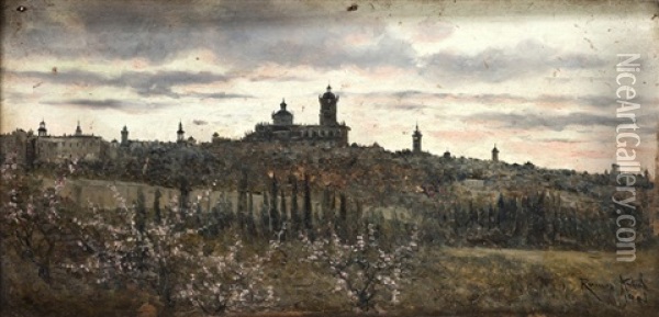 Vista De Un Paisaje Con Ciudad Al Fondo Y Almendros En Flor Oil Painting - Manuel Ramos Artal