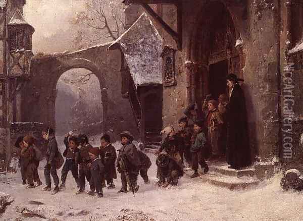 Snow Scene: Children Leaving School, c.1853 Oil Painting - Marc Louis Benjamin Vautier