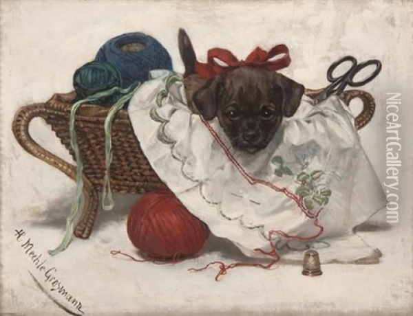 Puppy In A Basket Oil Painting - Hedwig Mechle-Grossmann