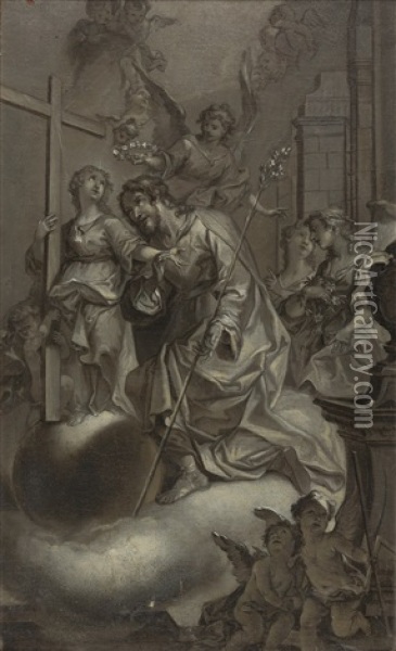 Der Heilige Joseph Mit Dem Bluhenden Reis, Kniend Vor Engeln Oil Painting - Johann Georg Bergmuller