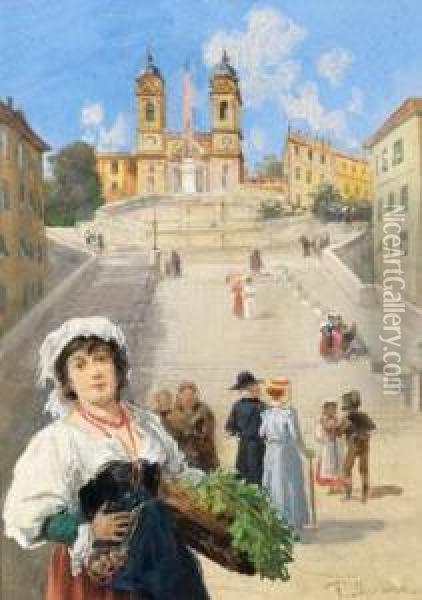 Strasenszene Mit Italienerin Vor Der Spanischen Treppe In Rom Oil Painting - Franz Skarbina