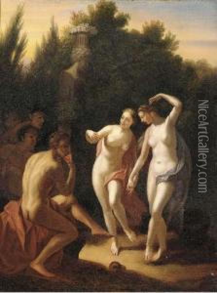 Two Nymphs Dancing In A Garden Before An Audience Oil Painting - Adriaen Van Der Werff