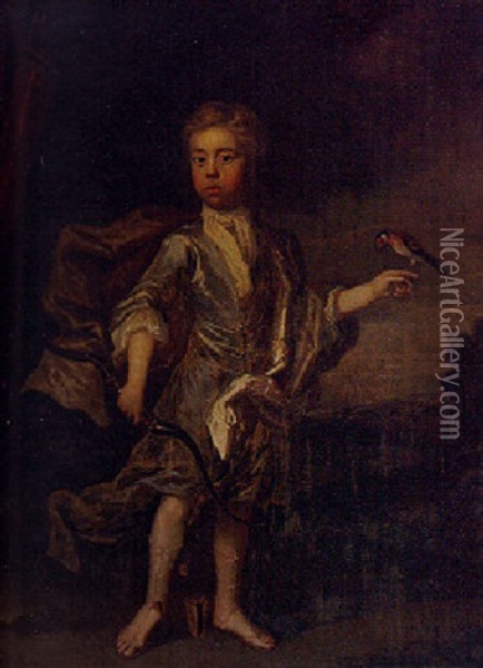 Portrait Of A Boy, Standing Full-length, A Finch On His Finger, And Holding A Bow Oil Painting - Charles d' Agar
