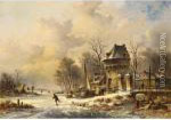 A Winter Landscape With Skaters Near A Village Oil Painting - Nicolaas Martinus Wijdoogen