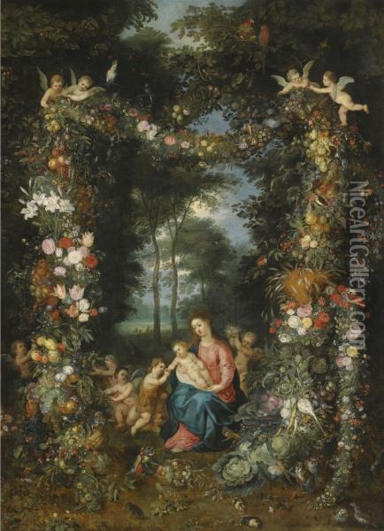 The Virgin And Child With The 
Infant St. John The Baptist, Surrounded By Garlands And Swags Of Fruit 
And Flowers Oil Painting - Jan Brueghel the Younger