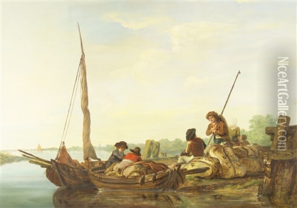 Figures In Boat Unloading Tobacco Oil Painting - Jacob Van Stry