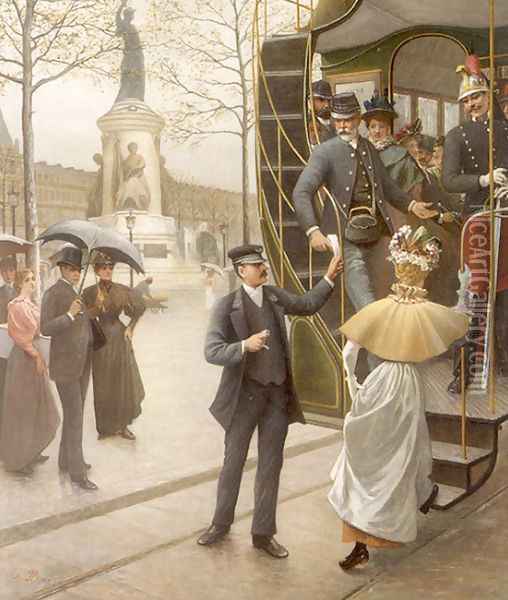 Catching the Trolley Oil Painting - Charles Borromee Antoine Houry