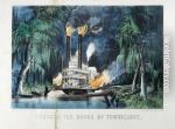 Through The Bayou By Torchlight; The Great Mississippisteamboat Race Oil Painting - Currier & Ives Publishers