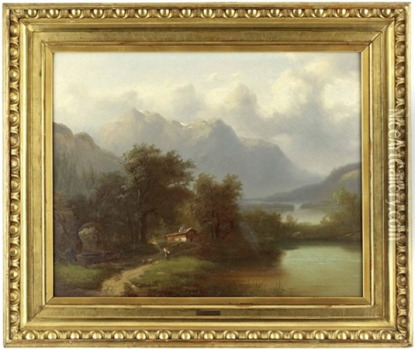 Alpenlandschaft Mit See, Bauernhaus Und Figurenstaffage Oil Painting - Gustav Barbarini