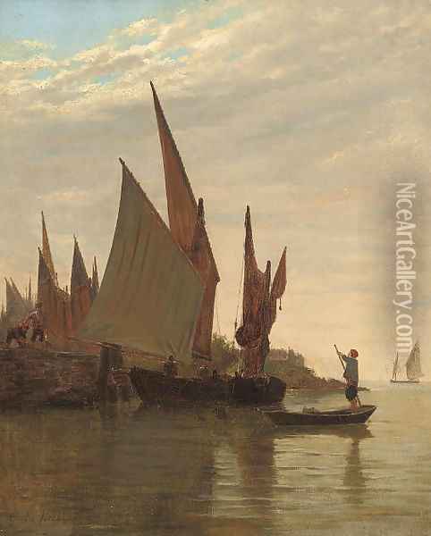 Barges on the Venetian coast Oil Painting - Giulio Cecchini Prichard