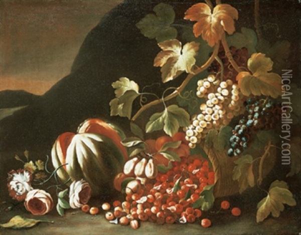 Natura Morta Con Melone, Uva E Un Cesto Di Ciliege Rovesciato Oil Painting - Giuseppe Ruoppolo