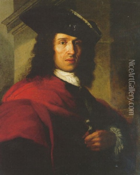 Portrait Of A Gentleman, In A Hat And Mantle, Holding A Walking Stick Oil Painting - Vittore Giuseppe Ghislandi (Fra' Galgario)