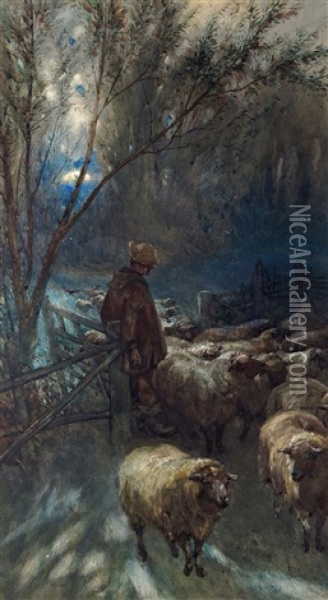 Bringing The Sheep Into The Fold At Dusk Oil Painting - Anton Mauve