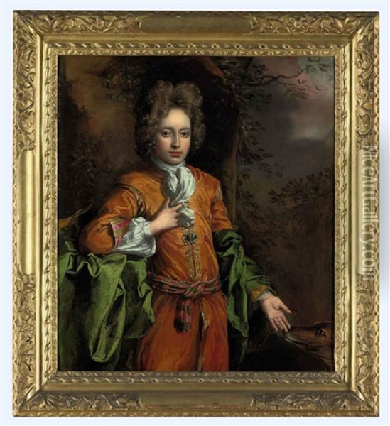 Portrait Of A Boy In Eastern Dress, In A Wooded Landscape, With A Hound Oil Painting - John Baptist Closterman
