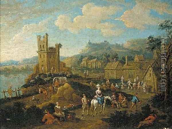 A river landscape with travellers passing through a village Oil Painting - Adriaen Frans Boudewijns