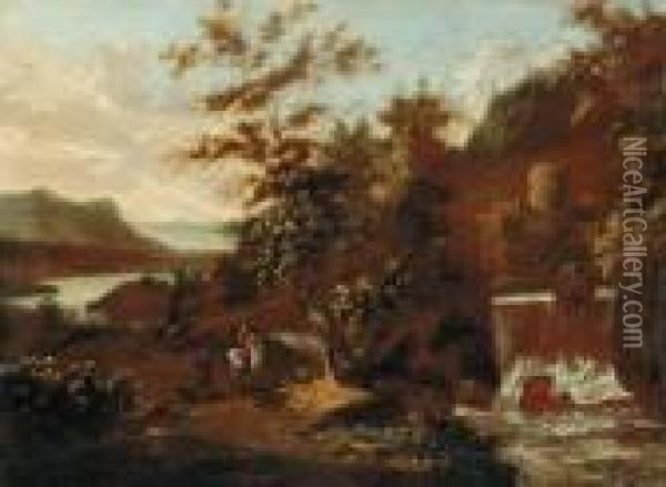 A Wooded River Landscape With Travellers Before A Waterfall Oil Painting - Dirck Verhaert