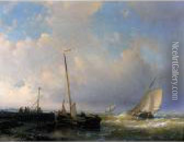 Dutch Yachts Sailing Close To A Pier Oil Painting - Abraham Hulk Jun.