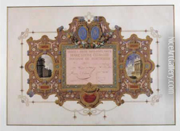 Frontispice De L'album De Mariage Du Duc De Montpensier Et De Marie-louise Fernande De Bourbon, En Octobre 1846. Oil Painting - Felix Duban