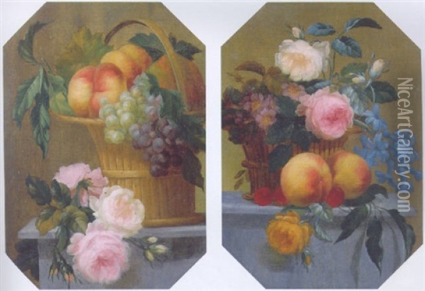 Fruit In A Basket With Roses On A Ledge Oil Painting - Hans Caspar Fuessli