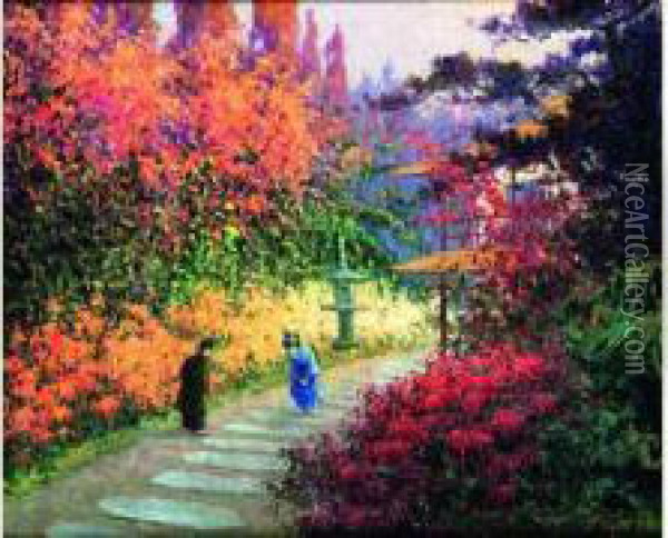 Sayonara... (erables Et Chrysanthemes Au Japon) Oil Painting - Georges Dantu