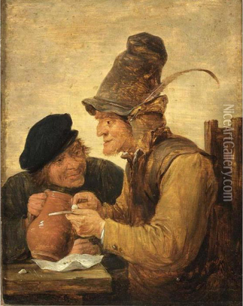 Two Peasants Drinking At A Table Oil Painting - David The Younger Teniers