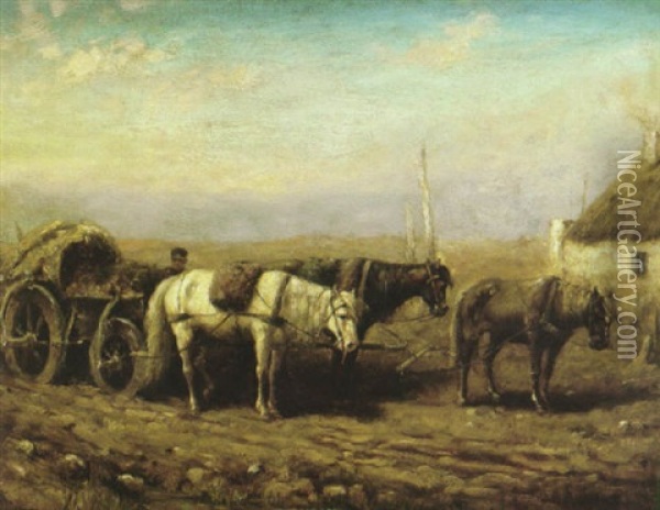A Horsedrawn Cart With A Boy On A Road In A Rural Landscape Oil Painting - Adolf Schreyer