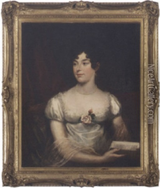 Portrait Of A Lady In A White Dress Holding A Book, Before A Red Curtain Oil Painting - James (Thomas J.) Northcote