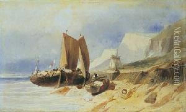 Kustenlandschaft Mit Fischerbooten. Oil Painting - Eugene Deshayes