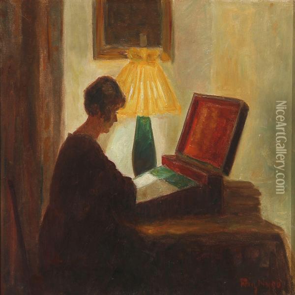 Interior With A Reading Woman Oil Painting - Poul Friis Nybo