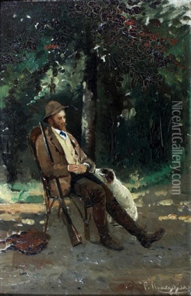 Rustende Jager Met Zijn Hond Oil Painting - Pasquale Ruggiero
