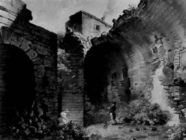 Landscape With Figures In Ruins Oil Painting - Hubert Robert