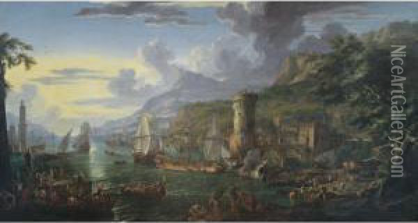 A Mediterranean Port At Sunset 
With Moored Battleships, Figures Unloading Their Wares From Various 
Boats And Bathers On A Bank Oil Painting - Luca Carlevarijs