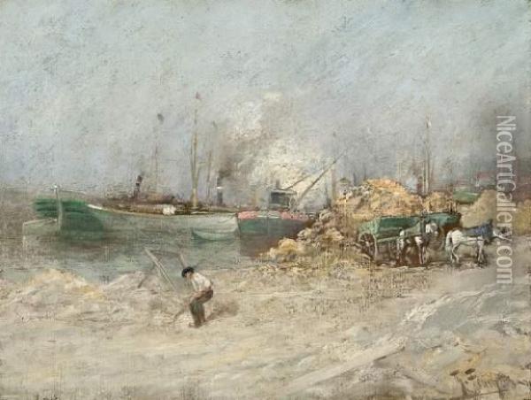 Dechargement Du Sable Dans Un Port Oil Painting - Theodor Feucht