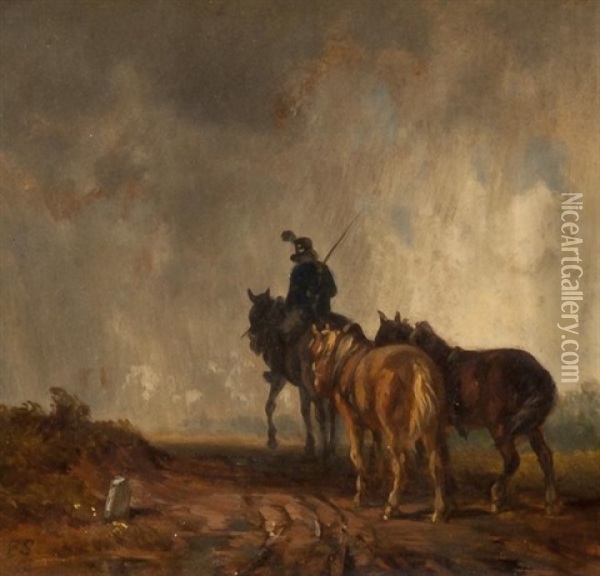 Soldier And Horses In A Rainswept Landscape Oil Painting - Eduard Schleich the Elder
