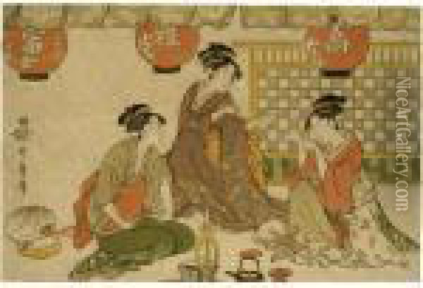 ````kitsuneken Sanbijin' (three Beauties Playing The Party-game ````catch The Fox') Oil Painting - Kitagawa Utamaro