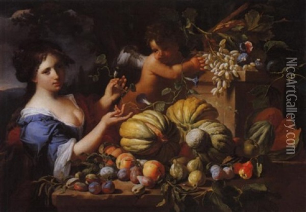 Natura Morta Di Frutta Con Figura Femminile Oil Painting - Abraham Brueghel