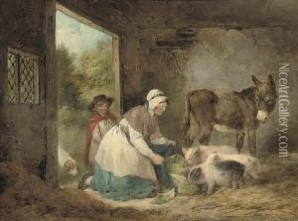 A Woman And Child Feeding Pigs In A Stable, With A Dog And Adonkey Oil Painting - George Morland