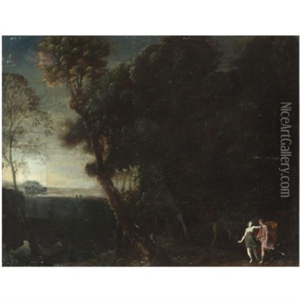 A Wooded Landscape With Two Hunters (cephalus And Procris?) Oil Painting - Francesco (da Gubbio) Allegrini