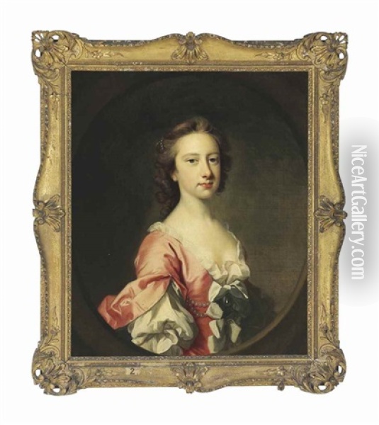 Portrait Of Lady Anne Brudenell (d. 1786), Half-length, In A Pink Dress With Cuffed Sleeves And Pearls In Her Hair, In A Painted Oval Oil Painting - Thomas Hudson