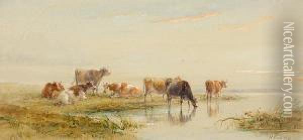 Cattle Watering Oil Painting - Henry Earp