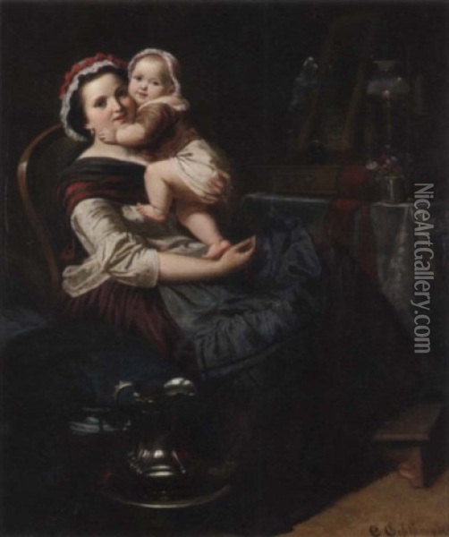 Eine Sitzende Mutter Halt Ihr Kind Auf Dem Arm, Das Sich Liebevoll An Deren Wange Anschmiegt Oil Painting - Eduard Geselschap