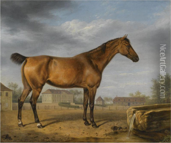 A Study Of A Bay Thoroughbred In A Landscape, A Castle Beyond Oil Painting - Rudolf Kuntz