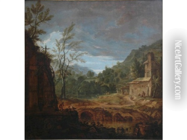 Figures And Buildings By A Bridge In An Italianate Landscape Oil Painting - Gerard Van Edema