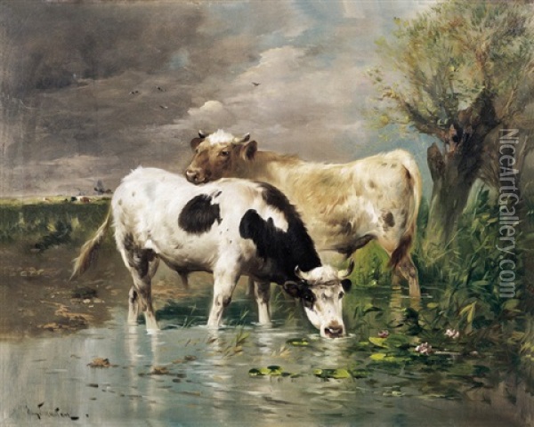 Landschap Met Koeien Aan De Waterkant Oil Painting - Henry Schouten