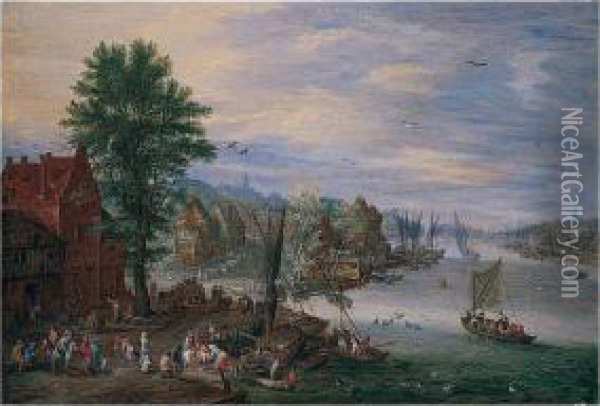 A Village Scene With Boats And Fishermen By A River Oil Painting - Pieter Gysels