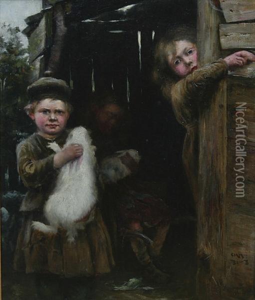 Three Girls By A Barn Door Oil Painting - Charles Martin Hardie