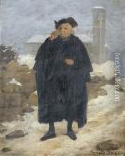 Geistlicher Vor Einer Kirche Im Winter Oil Painting - Angelo Inganni