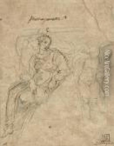 Study For A Spandrel Design With A Female Figure And A Subsidiarystudy Of Two Angels Oil Painting - Girolamo Francesco Maria Mazzola (Parmigianino)