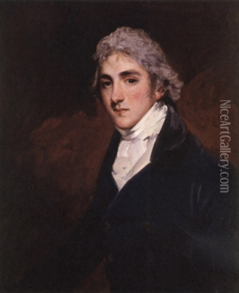 Portrait Of Henry Wellesley, Baron Cowley, Wearing A Double-breasted Blue Coat And White Neckcloth, With Powdered Hair Oil Painting - Sir John Hoppner
