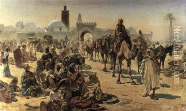 An Arab Slave Market Oil Painting - Ferencz Franz Eisenhut